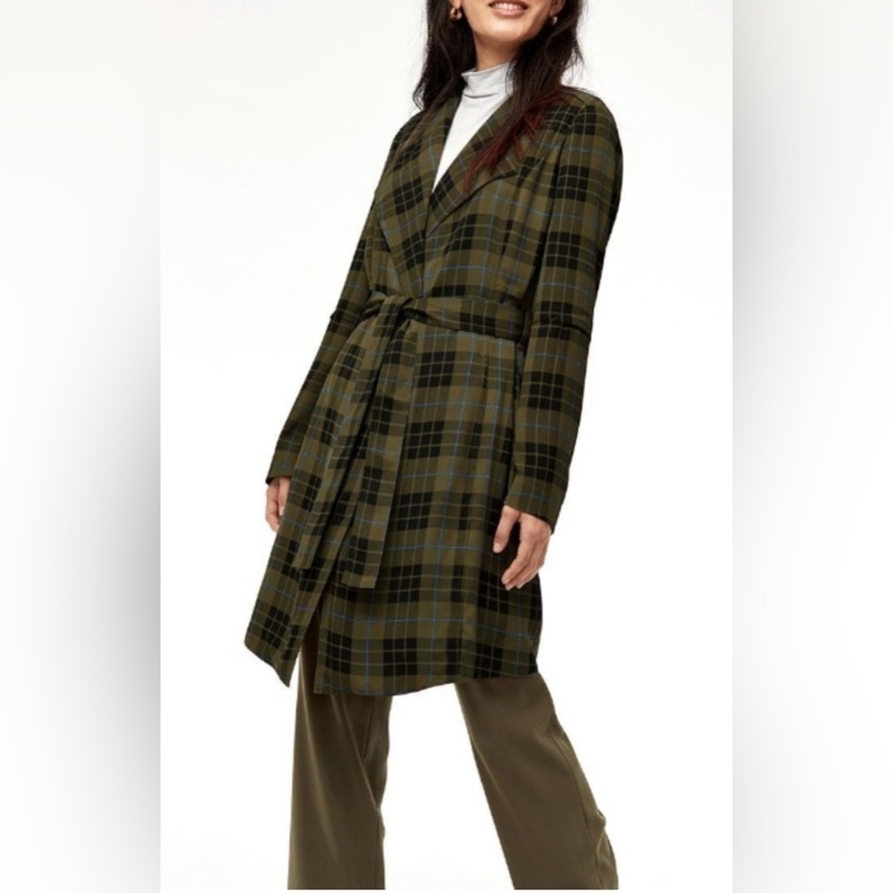 ARITZIA Babaton Plaid Gingham Quincy Belted Trench Jacket in Green
